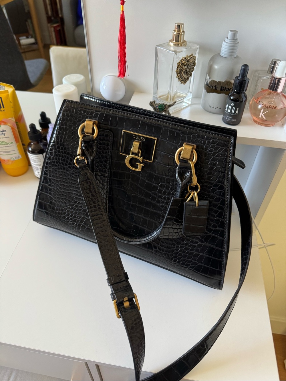 GUESS Black Croc-Embossed Satchel with Gold Accent Hardware
